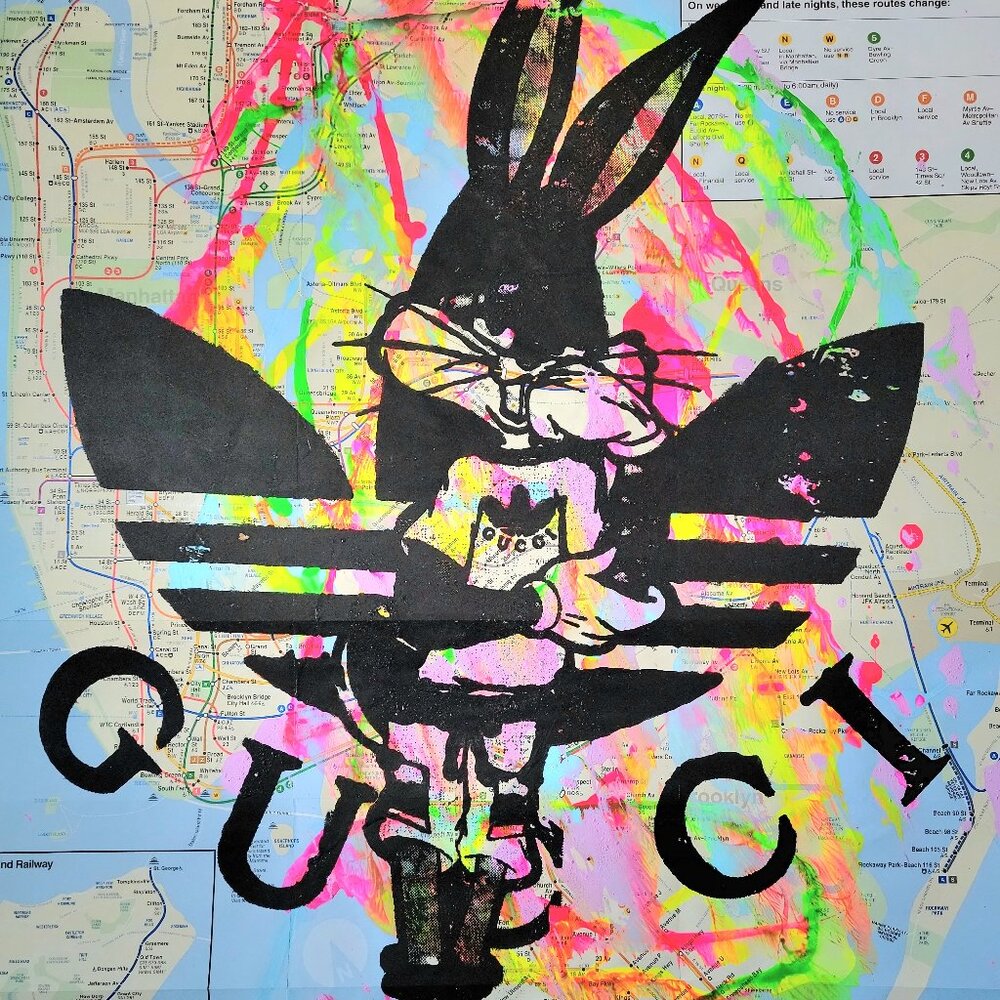 Handpainted Bugs Bunny Gucci Acrylic Luxury Pop Art on NYC Subway Map Wall Decor
